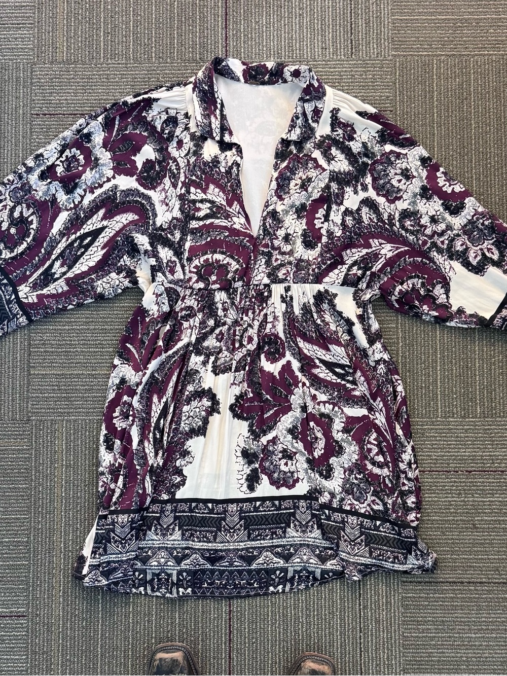 Boho Paisley Dress | Burgundy Cream Long Sleeve Mini Dress